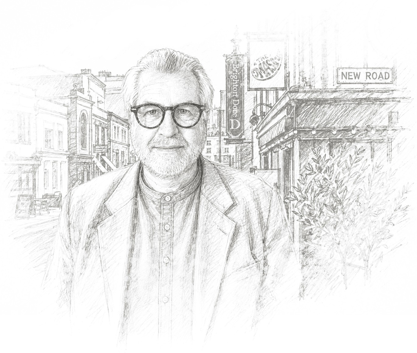 Rory Singer, founder of New Road, illustrated against the Brighton site