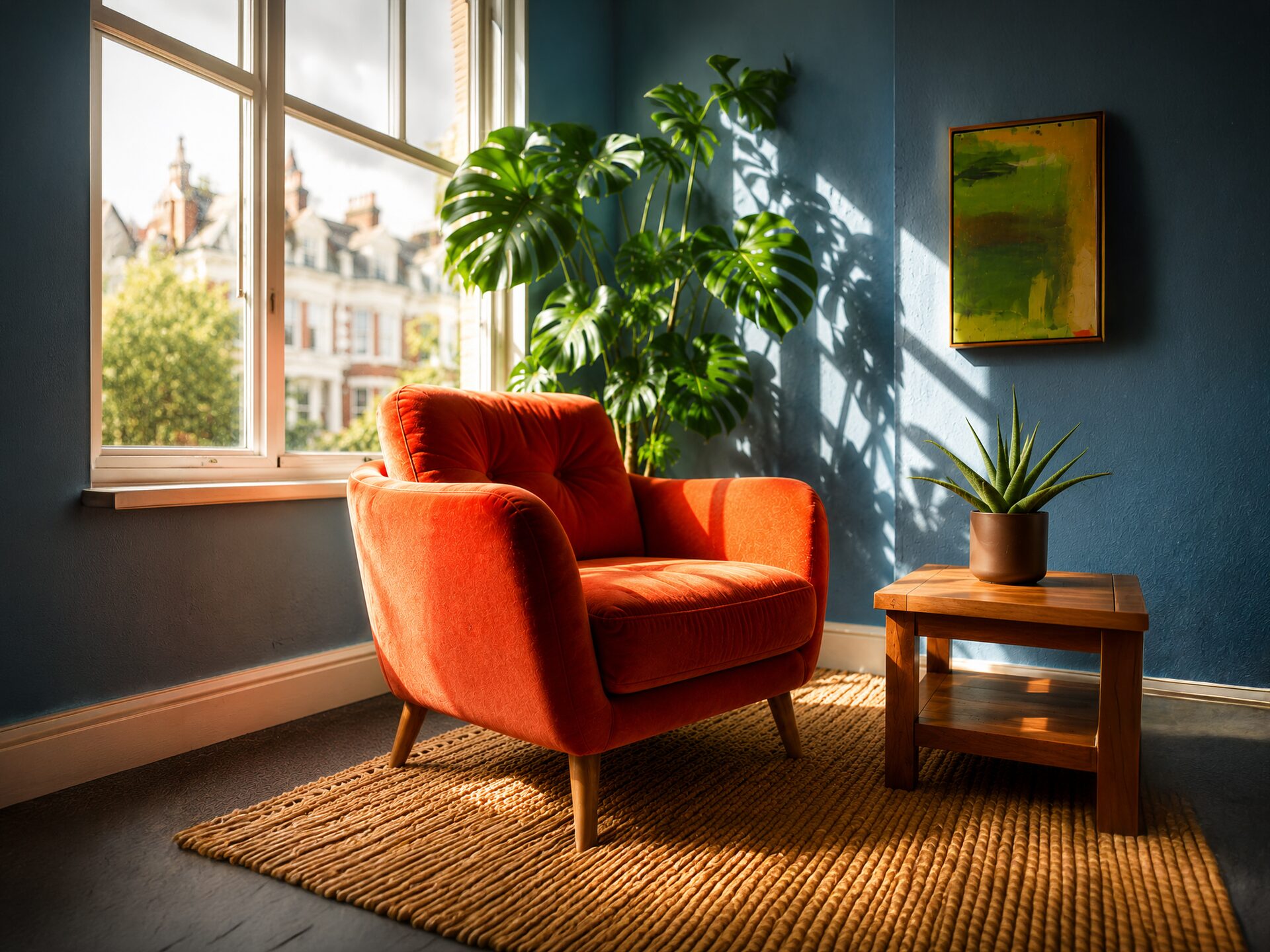 A sunlit New Road therapy room with a red armchair
