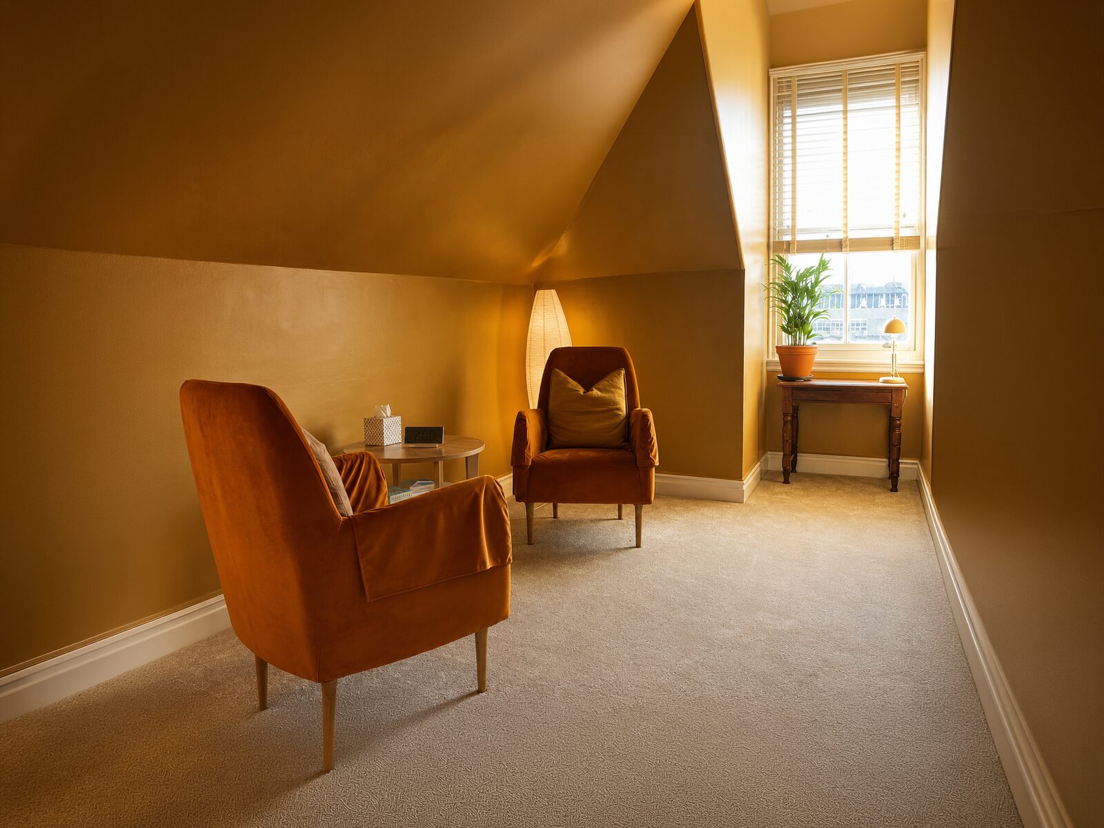 A warm New Road therapy room with two comfortable armchairs