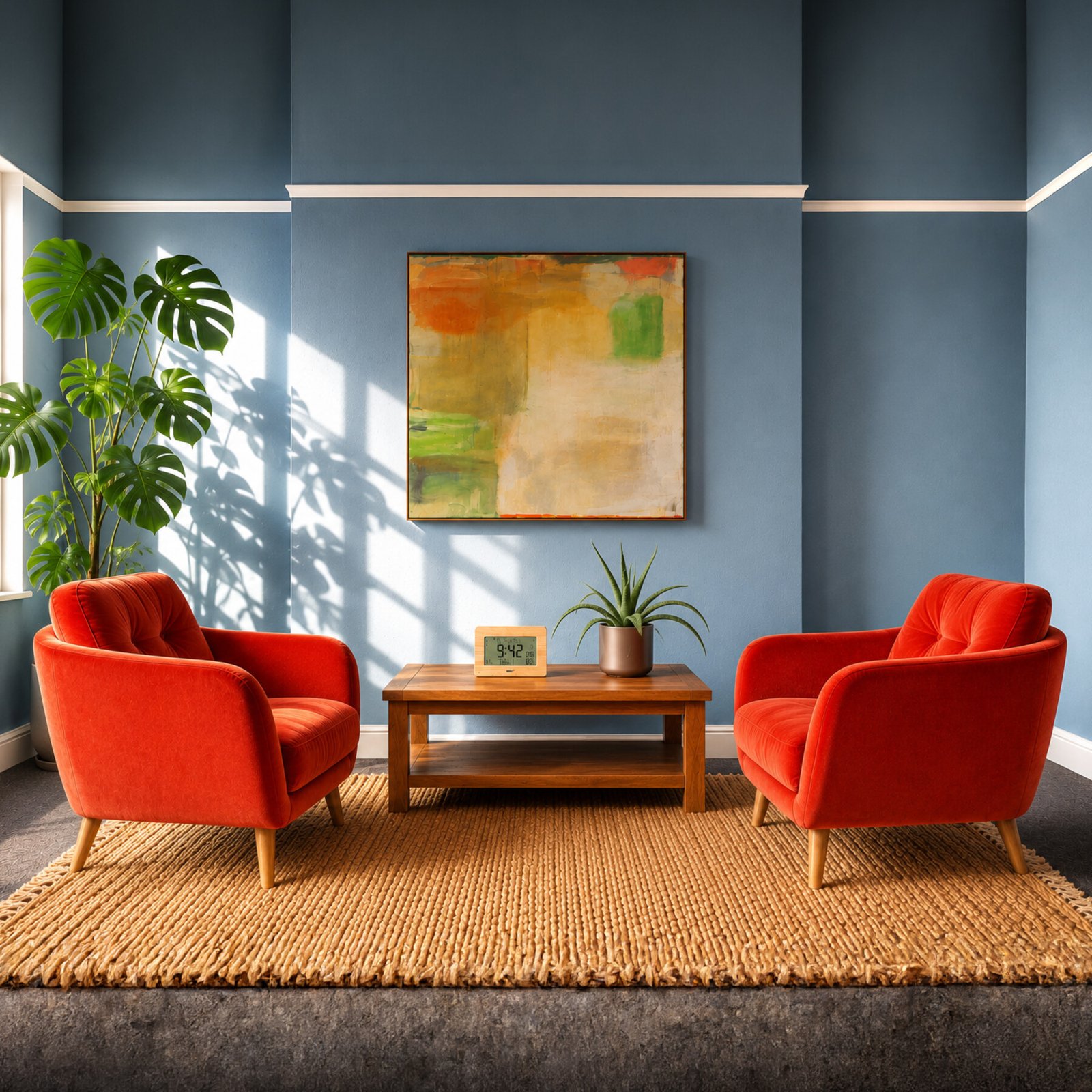A comfortable blue therapy room with two red armchairs