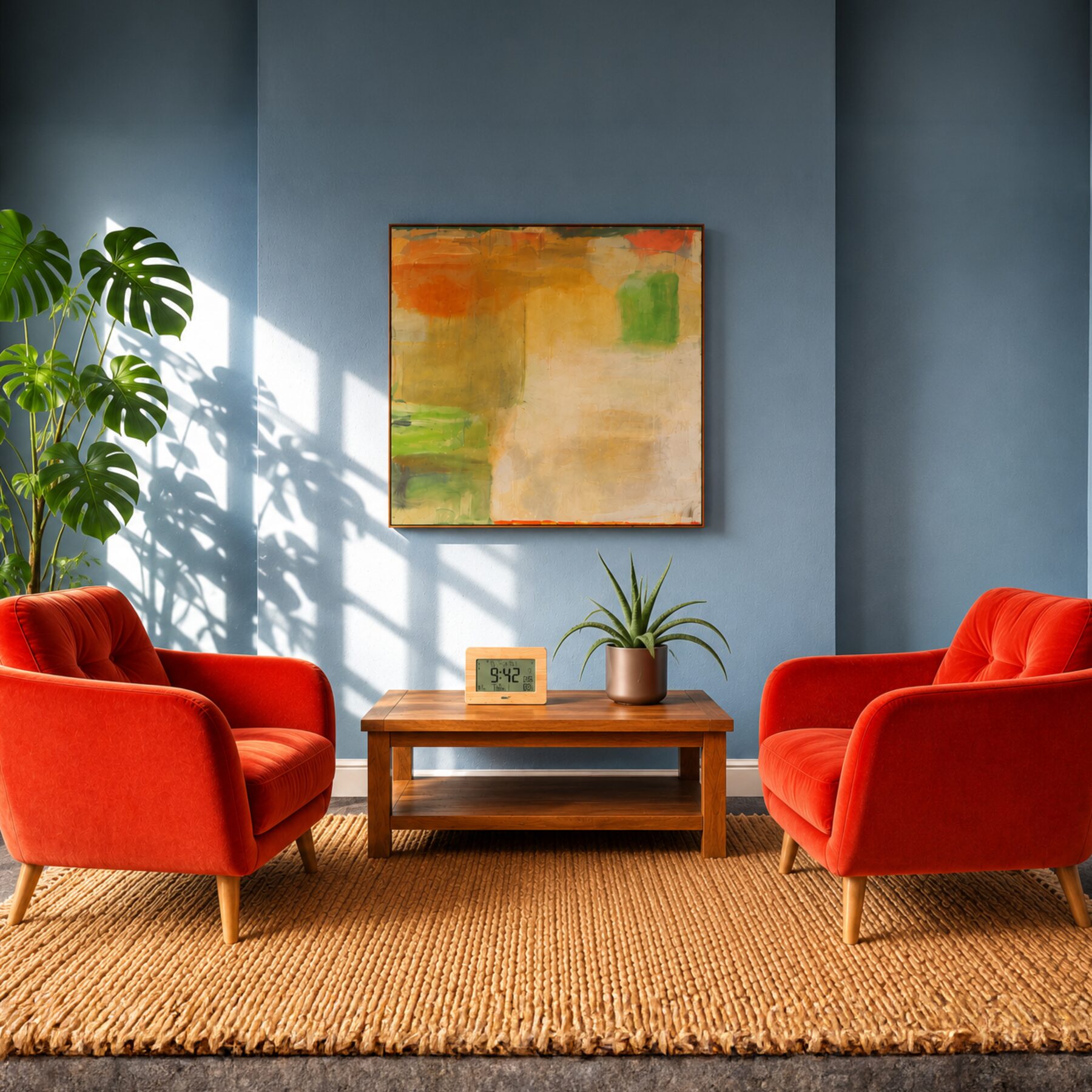 A private New Road therapy room with two comfortable red armchairs