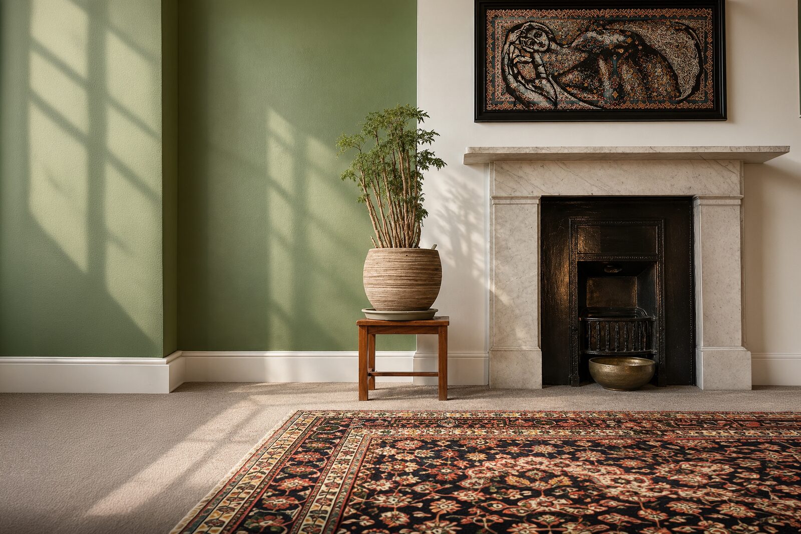 A plant beside a fireplace in one of New Road’s therapy rooms