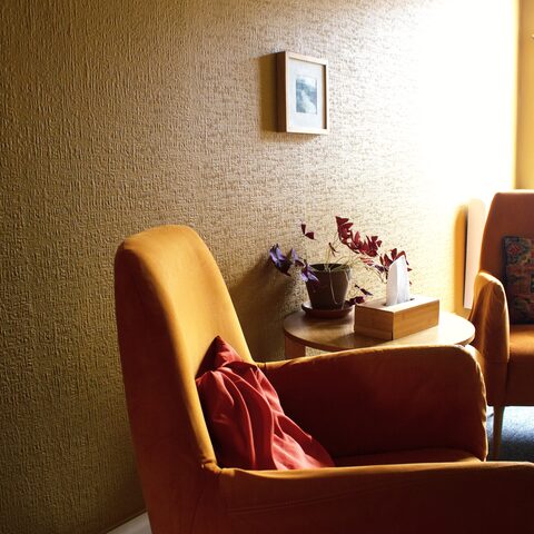 Rosewood room with a grey armchair and bright window