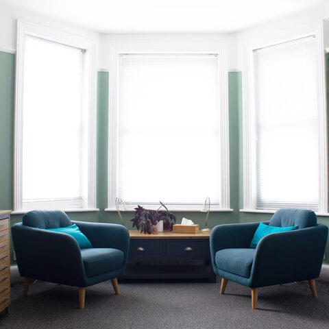 Sage room with blue armchairs by large windows